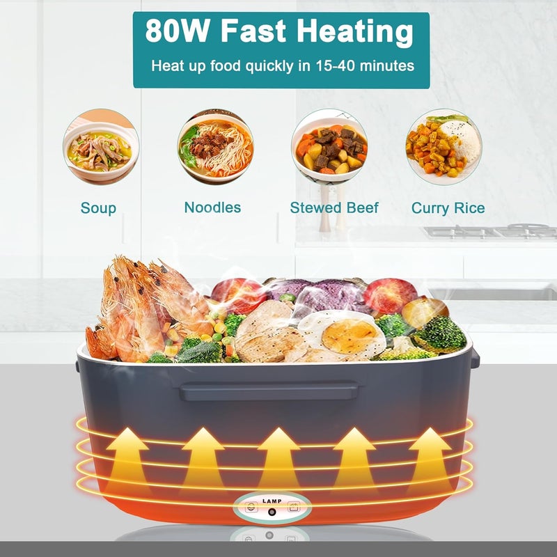 HOLDRUBY Electric Heated Lunch Boxes Adults: 80W Electric Lunch Box Food Heated 12/24/110V 1.5L Heatable Lunch Box for Car/Truck/Office Leak-Proof Stainless Steel Container, Fork & Spoon, Bag (Grey+Green) - Image 3